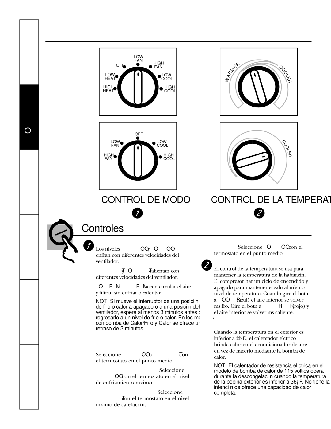 GE AJHS10DCC installation instructions Descripciones de enfriamiento, Control de la temperatura, Modelos con bomba de calor 