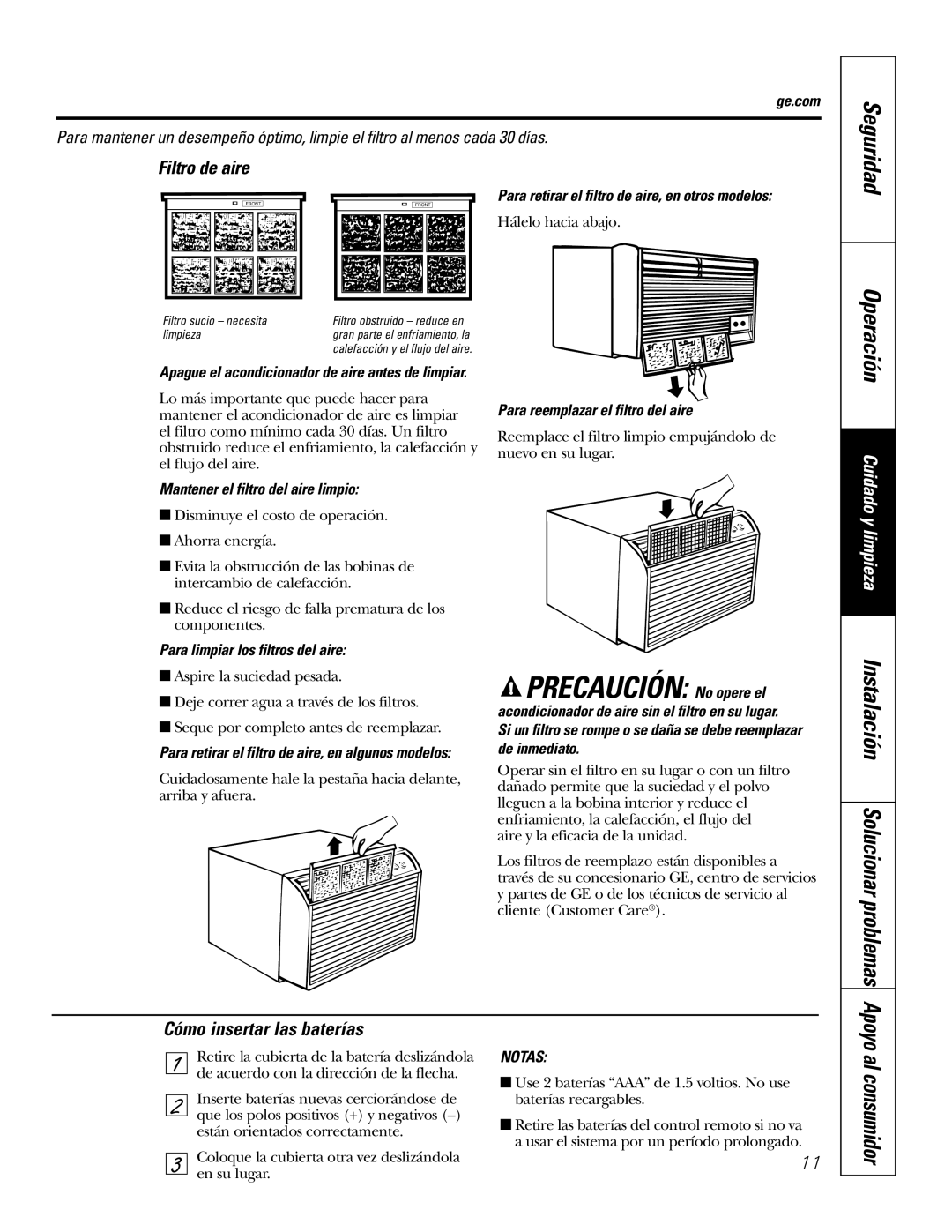 GE AJHS10DCC installation instructions Precaución No opere el, Filtro de aire, Cómo insertar las baterías 