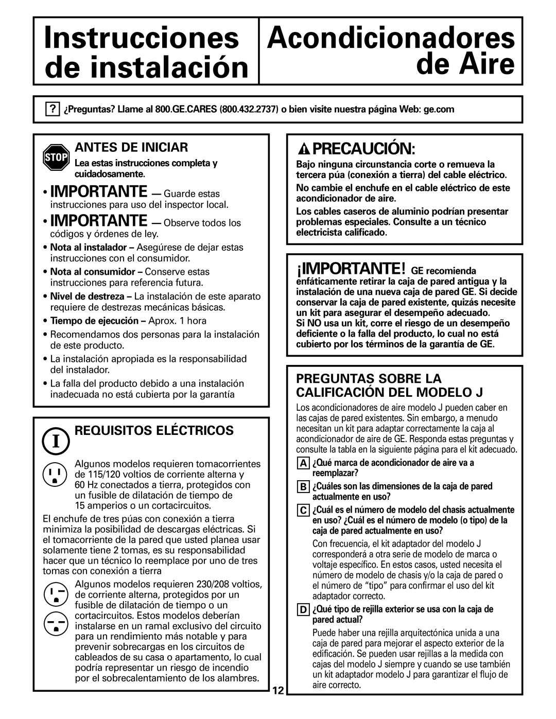 GE AJHS10DCC installation instructions Antes DE Iniciar, Requisitos Eléctricos 