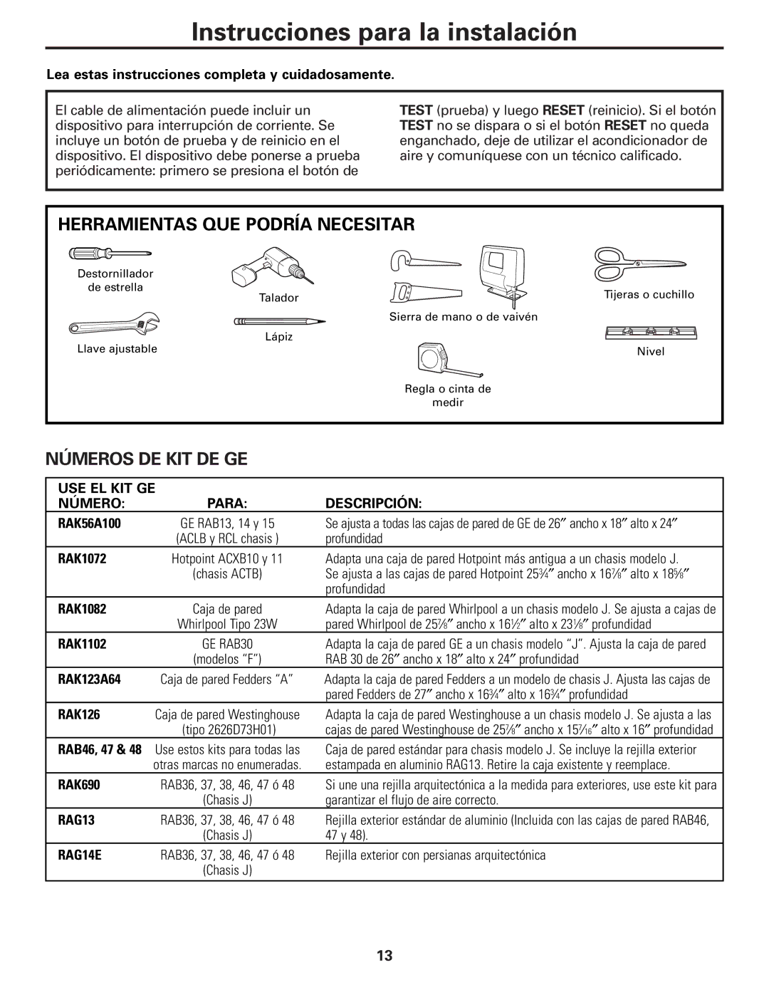 GE AJHS10DCC installation instructions Herramientas QUE Podría Necesitar, Números DE KIT DE GE 