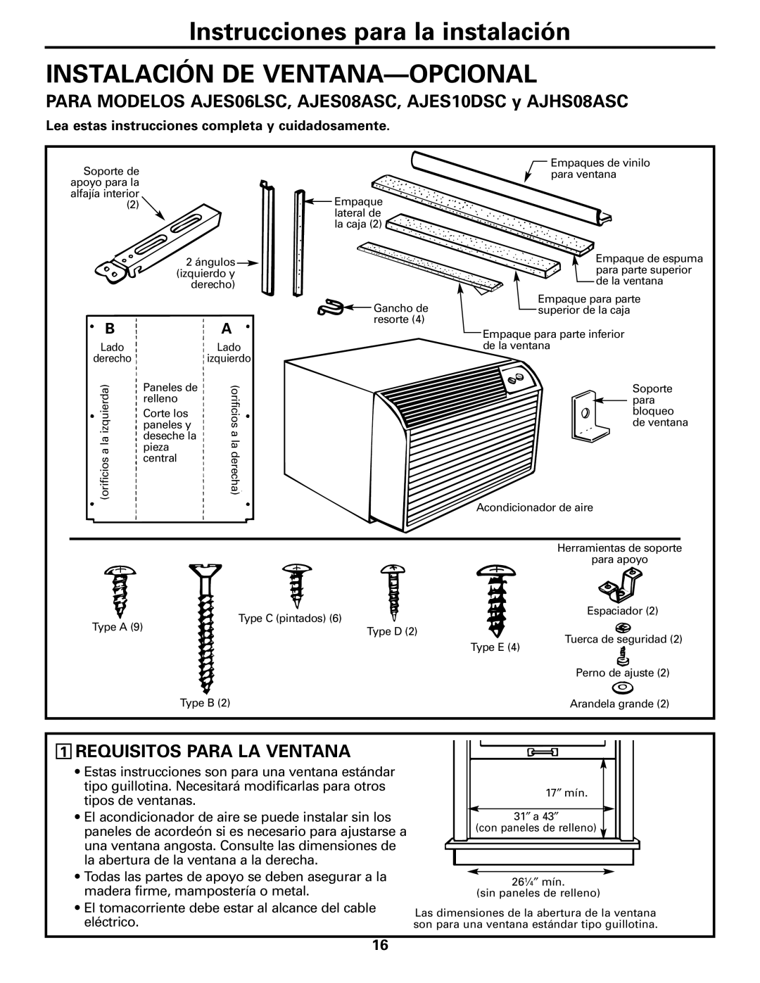 GE AJHS10DCC installation instructions Instalación DE VENTANA-OPCIONAL, Requisitos Para LA Ventana 