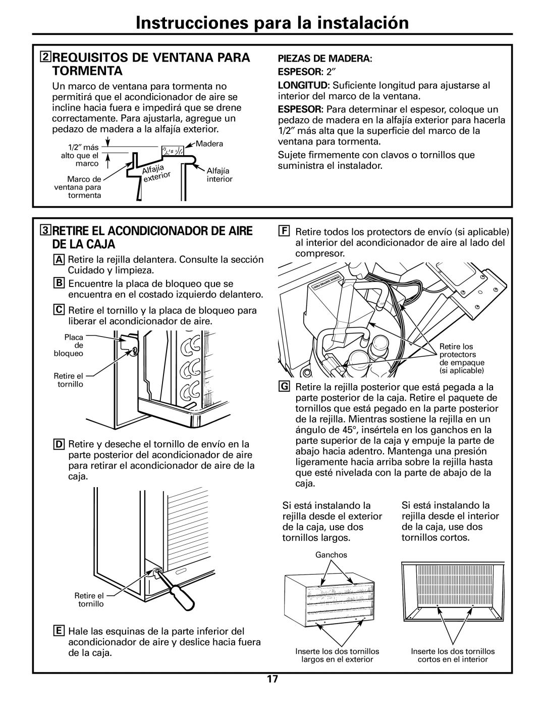 GE AJHS10DCC installation instructions Requisitos DE Ventana Para Tormenta, Retire EL Acondicionador DE Aire DE LA Caja 