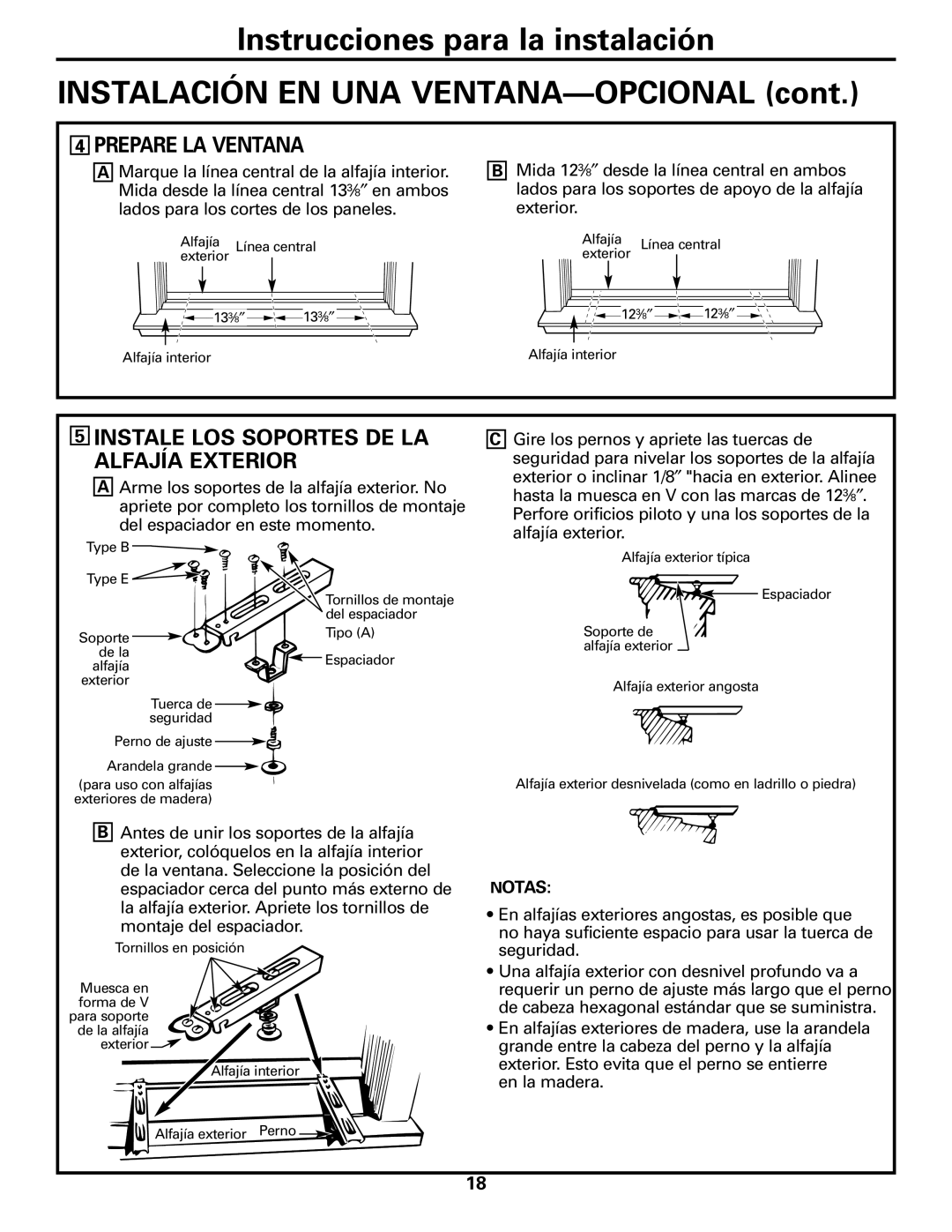 GE AJHS10DCC installation instructions Prepare LA Ventana, Instale LOS Soportes DE LA Alfajía Exterior 