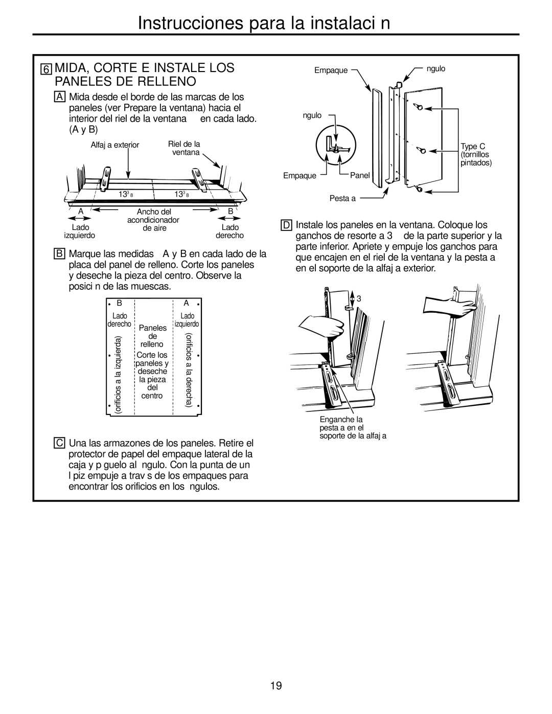 GE AJHS10DCC installation instructions MIDA, Corte E Instale LOS Paneles DE Relleno, Centro 