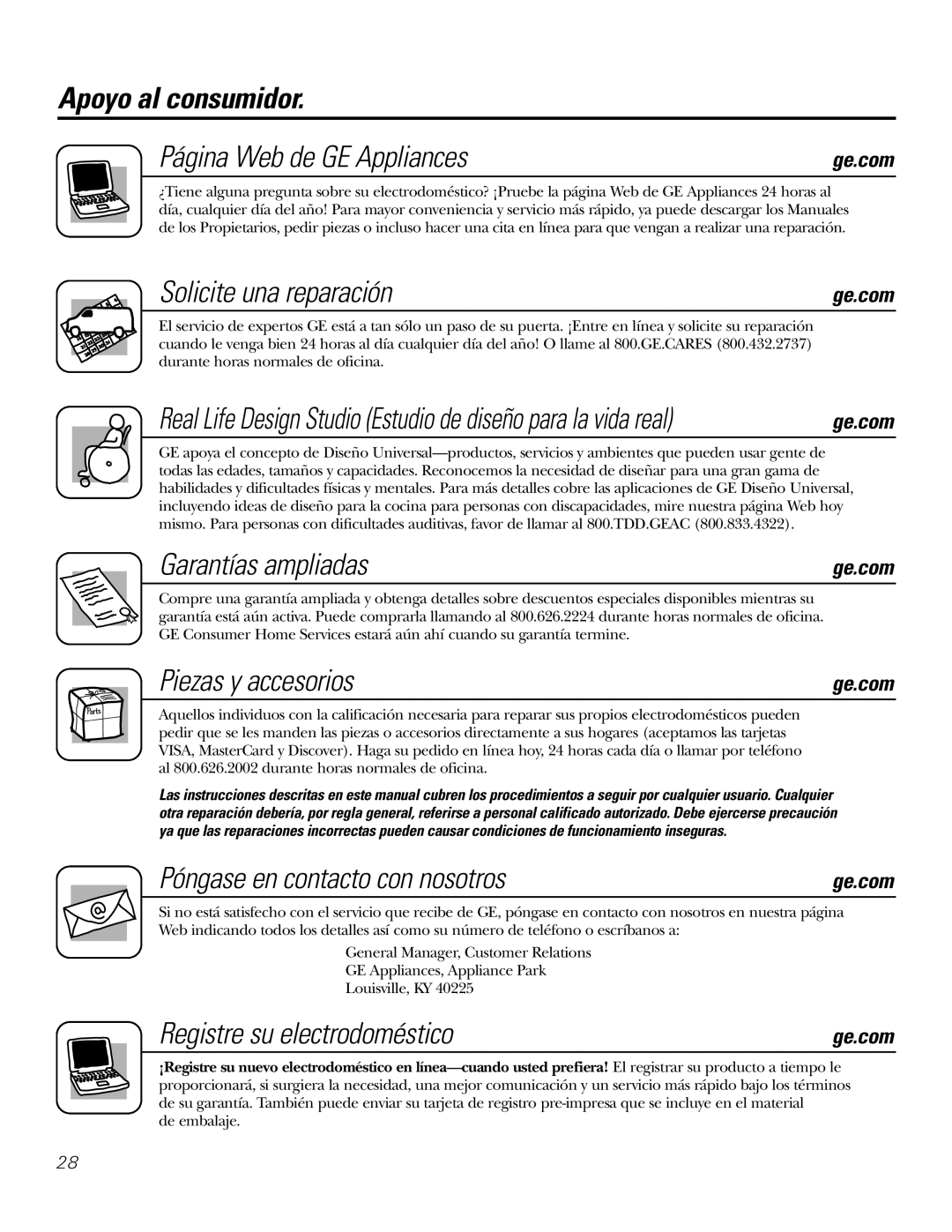 GE AJHS10DCC Apoyo al consumidor Página Web de GE Appliances, Solicite una reparación, Garantías ampliadas 