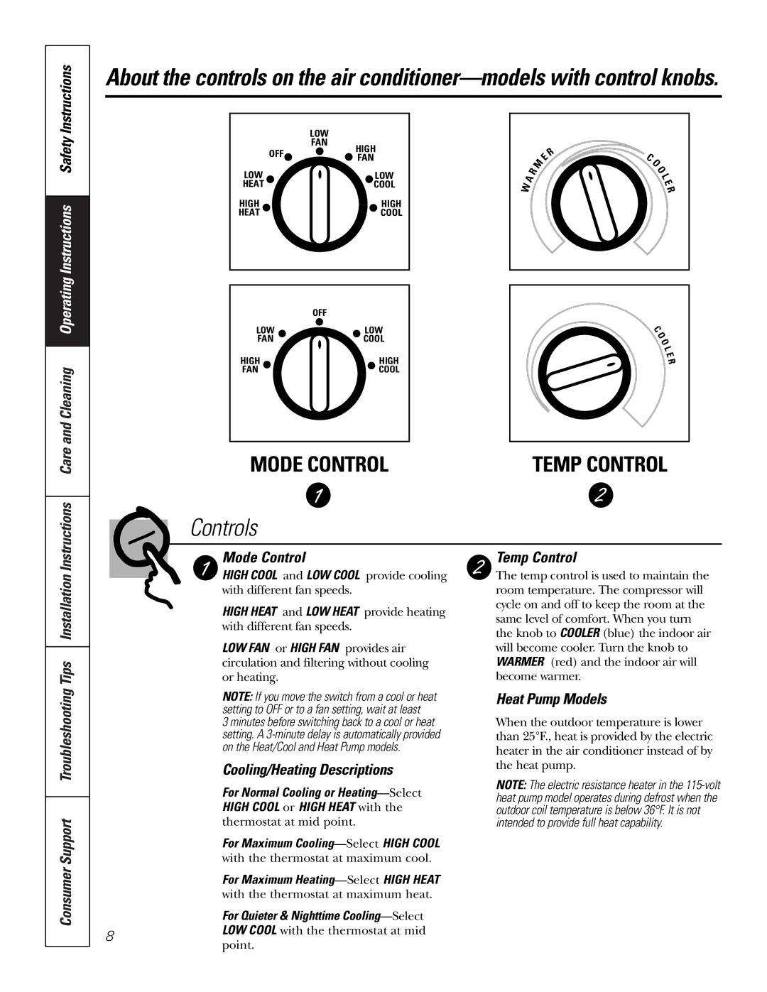 GE AJHS10DCC installation instructions Mode Control, Cooling/Heating Descriptions, Heat Pump Models, Temp Control 