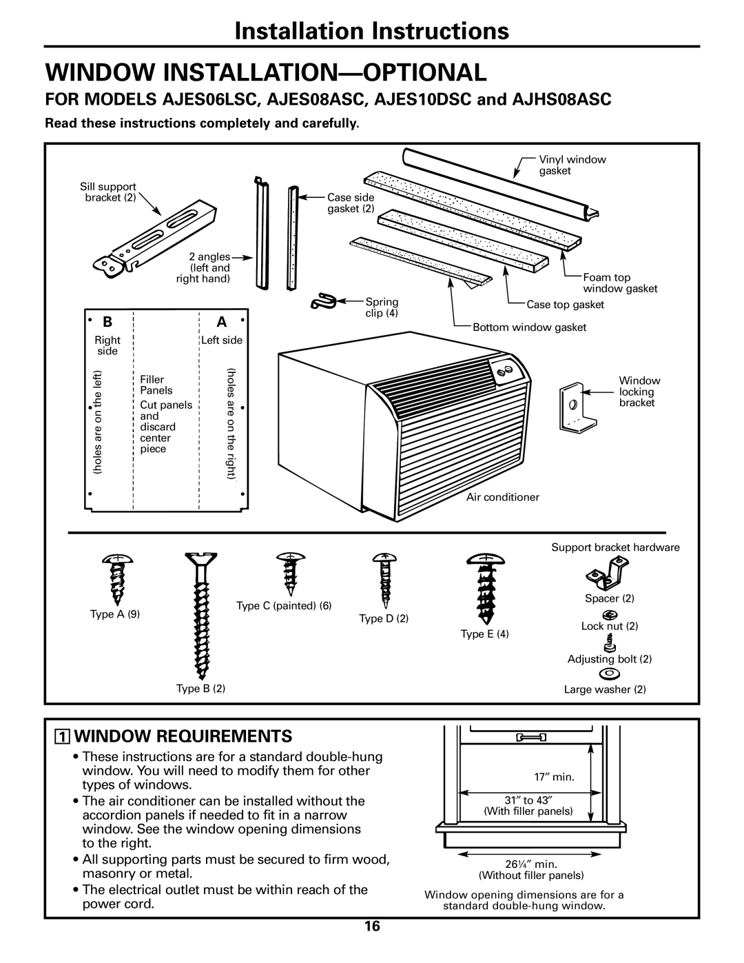 GE AJHS10DCC installation instructions Window Installation-Optional, Installation Instructions, Window Requirements 