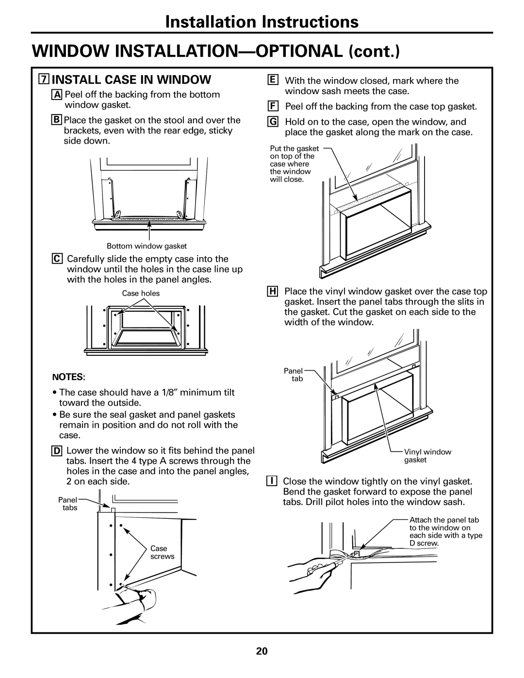 GE AJHS10DCC installation instructions Installation Instructions, WINDOW INSTALLATION—OPTIONALcont, 7INSTALL CASE IN WINDOW 