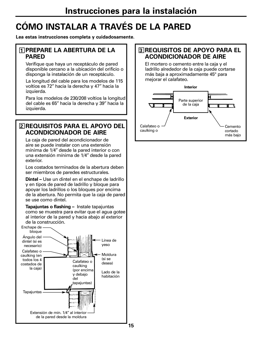 GE AJHS10DCC installation instructions Cómo Instalar A Través De La Pared, Instrucciones para la instalación 