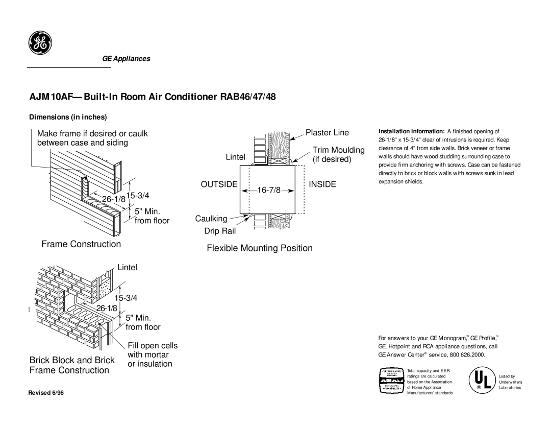 GE dimensions AJM10AF-Built-In Room Air Conditioner RAB46/47/48, Frame Construction Flexible Mounting Position 