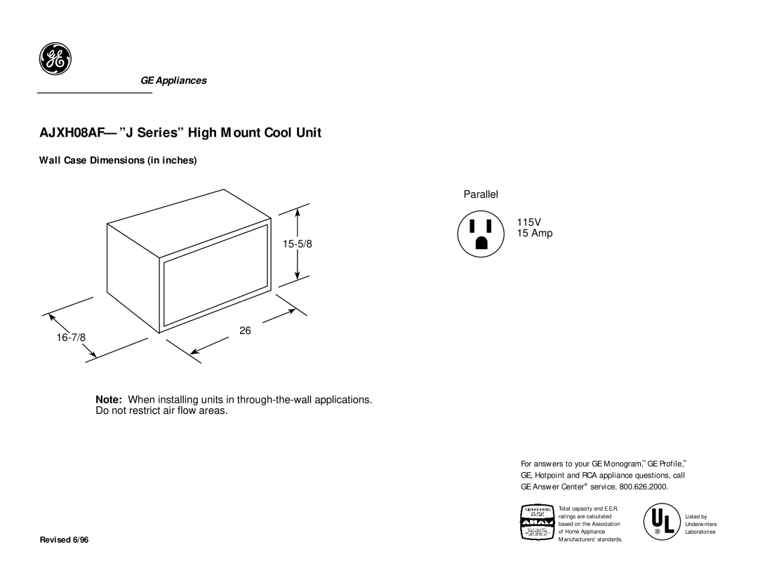 GE dimensions AJXH08AF-J Series High Mount Cool Unit, Wall Case Dimensions in inches, Revised 6/96 