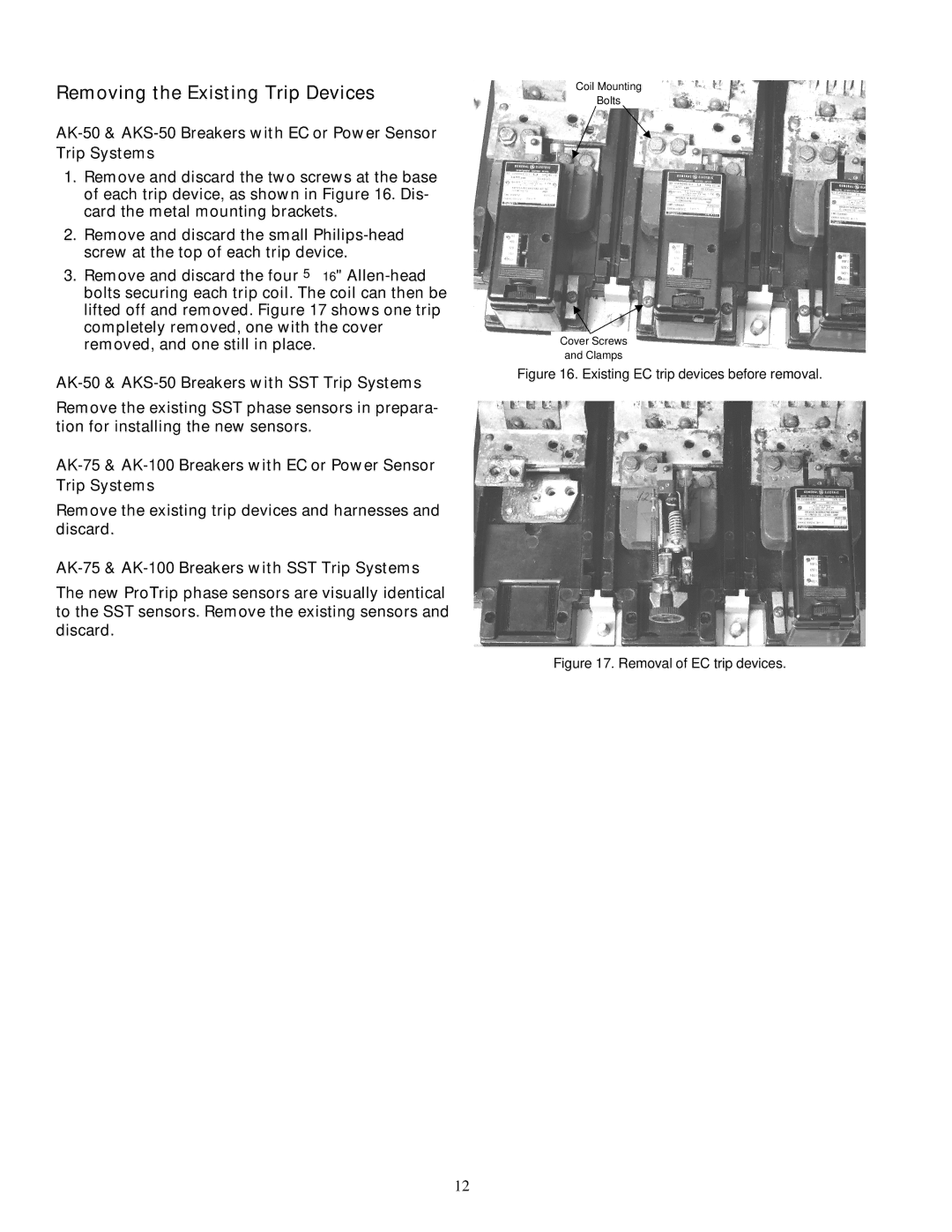 GE installation instructions Removing the Existing Trip Devices, AK-50 & AKS-50 Breakers with SST Trip Systems 