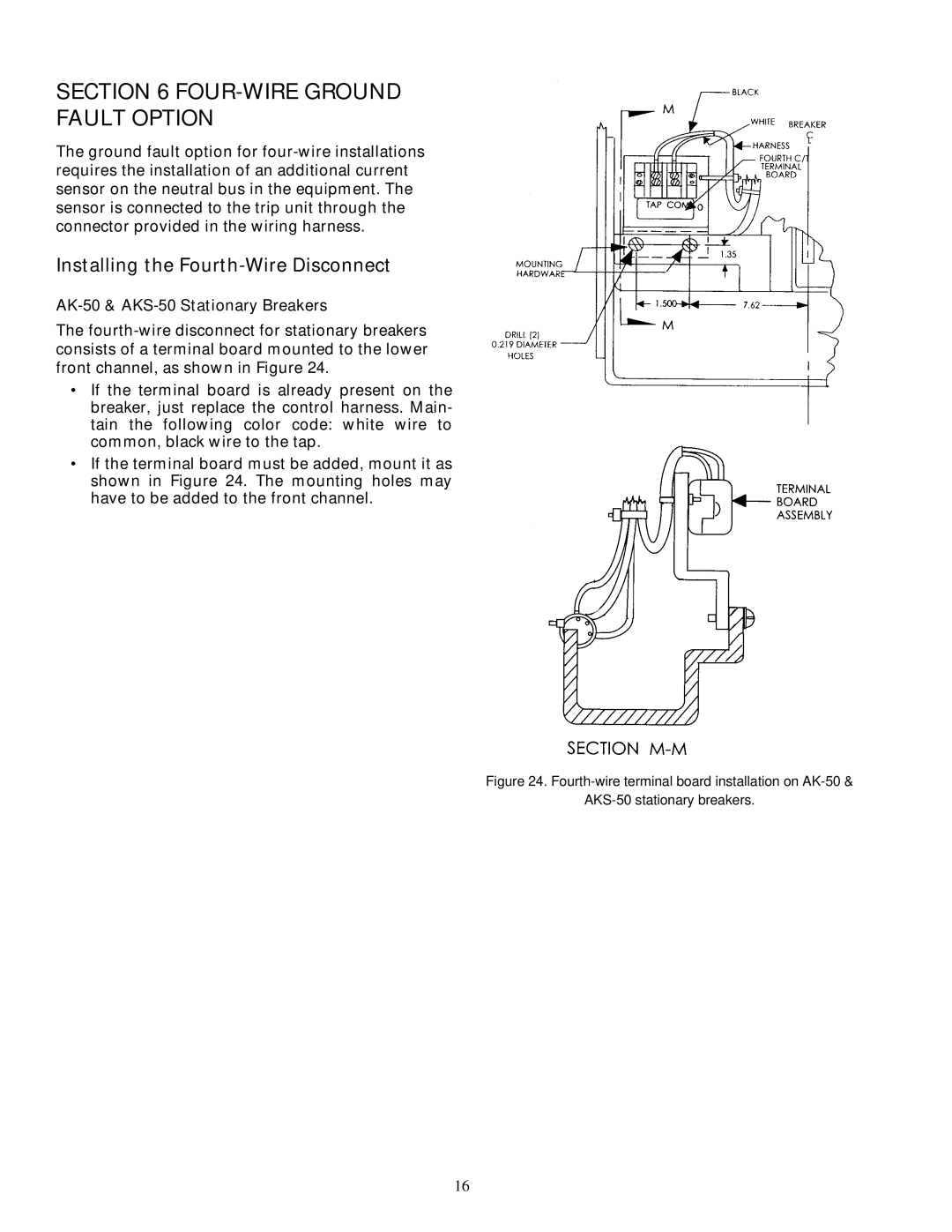 GE FOUR-WIRE Ground Fault Option, Installing the Fourth-Wire Disconnect, AK-50 & AKS-50 Stationary Breakers 