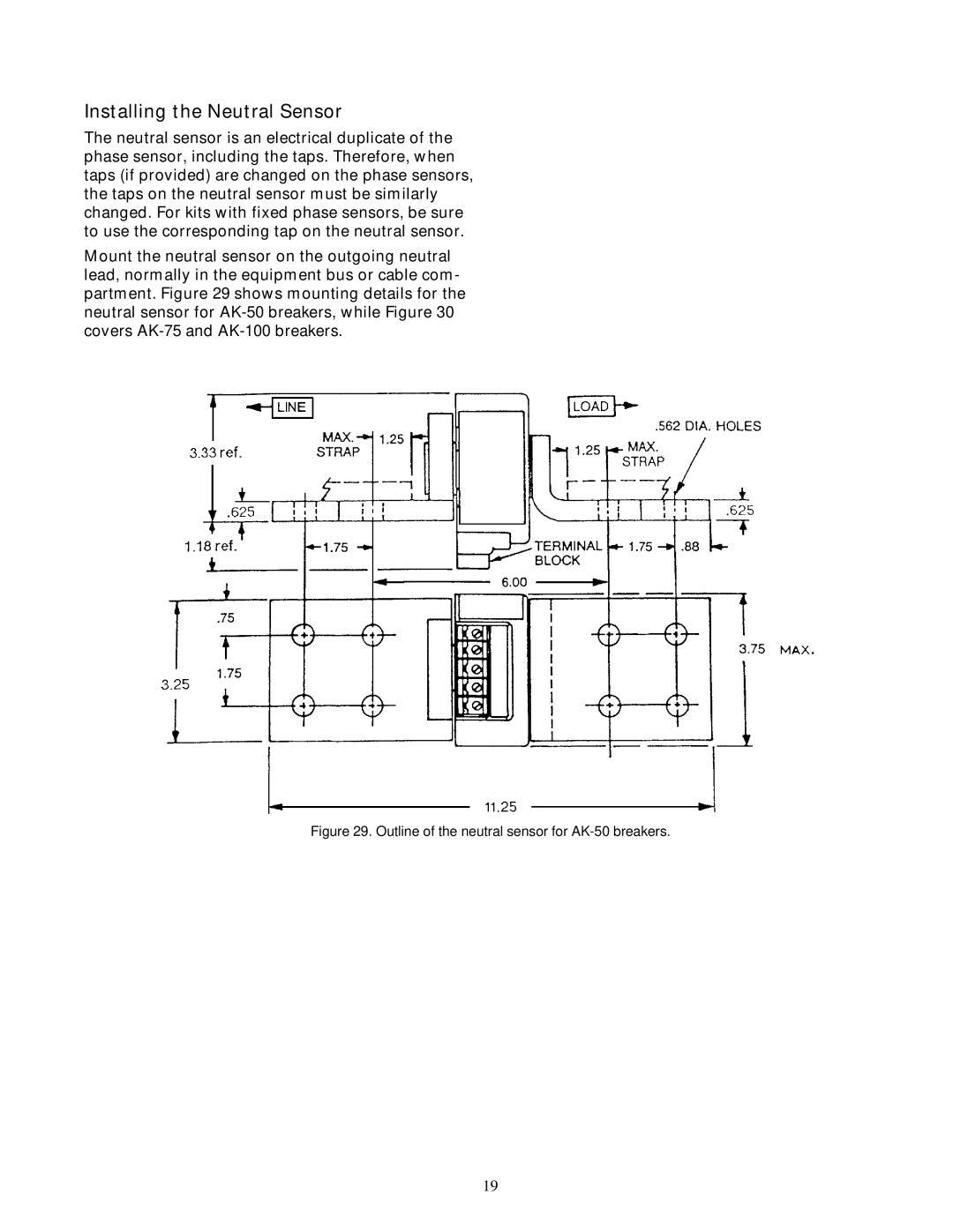 GE installation instructions Installing the Neutral Sensor, Outline of the neutral sensor for AK-50 breakers 