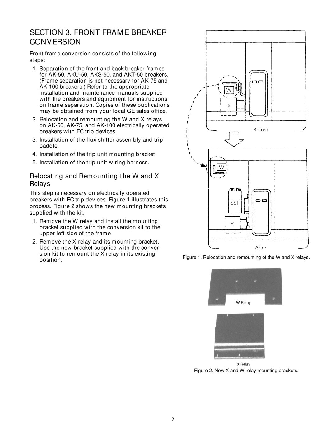 GE AK-50 installation instructions Front Frame Breaker Conversion, Relocating and Remounting the W and X Relays 