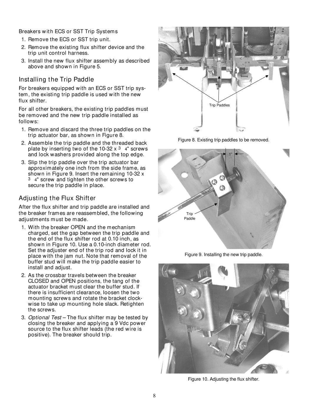 GE AK-50 Installing the Trip Paddle, Adjusting the Flux Shifter, Breakers with ECS or SST Trip Systems 