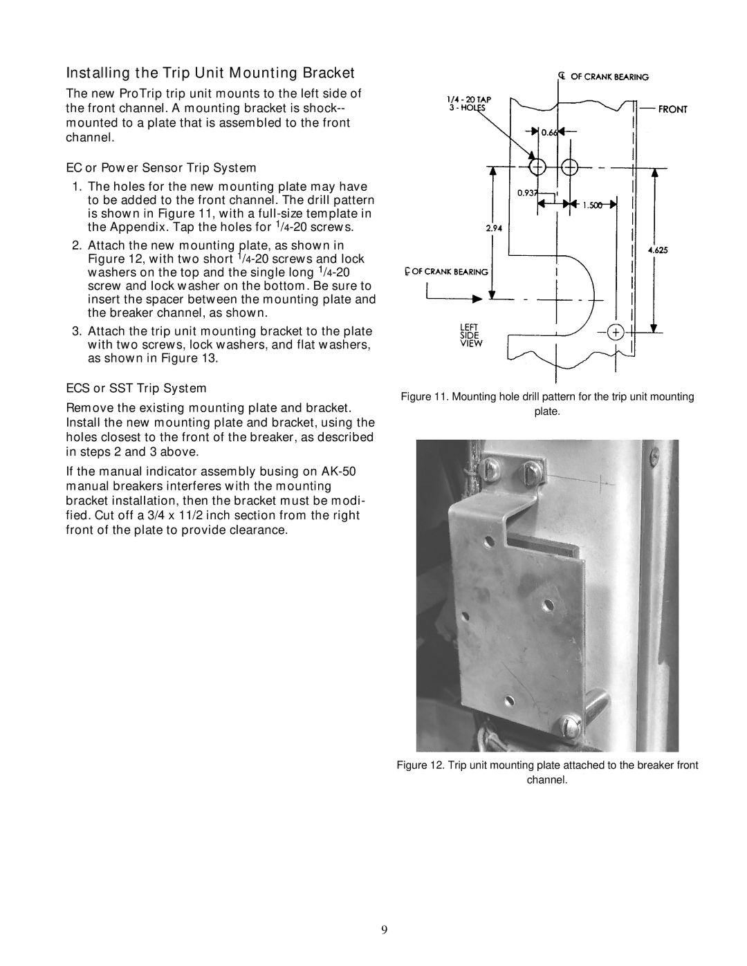 GE AK-50 Installing the Trip Unit Mounting Bracket, EC or Power Sensor Trip System, ECS or SST Trip System 