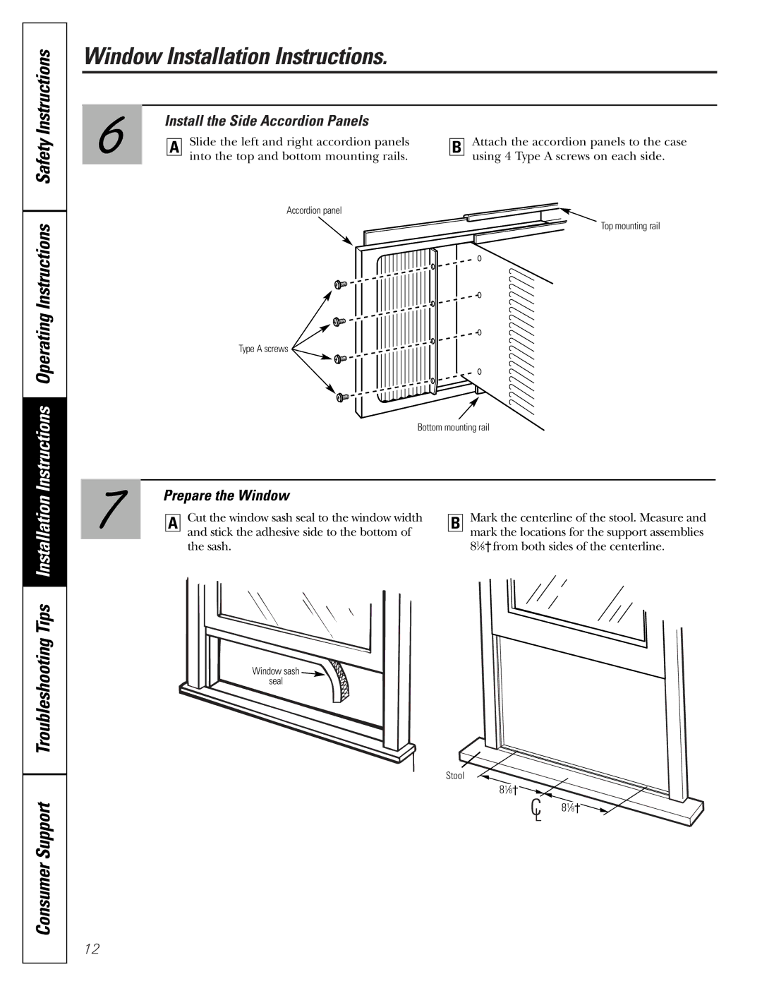 GE AKV05, AKS05 owner manual Install the Side Accordion Panels, Prepare the Window 