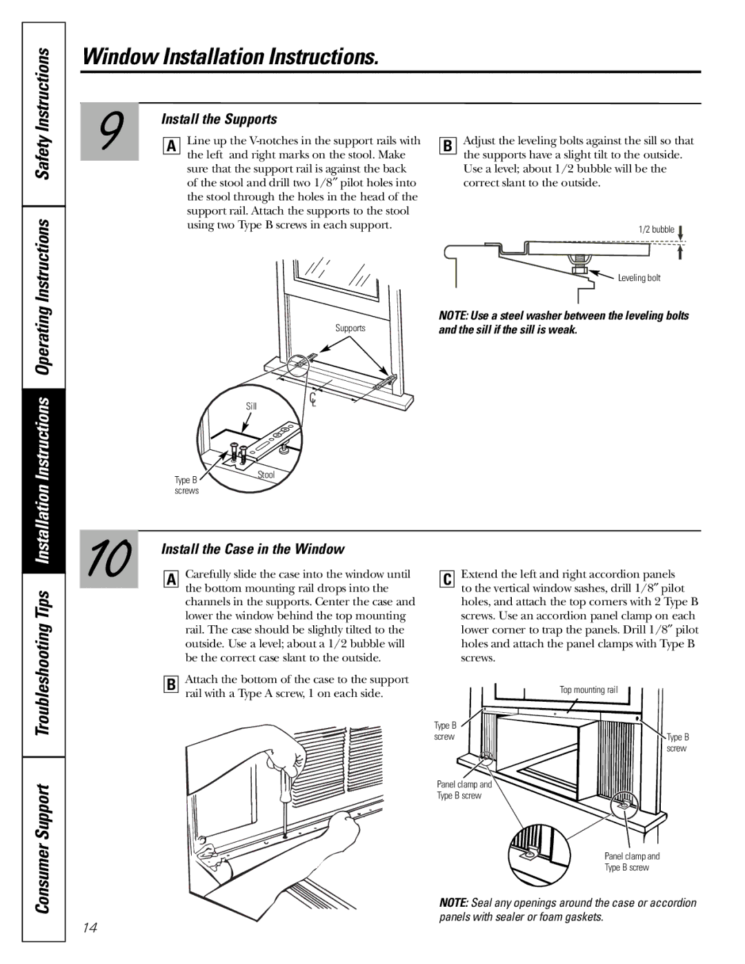 GE AKV05, AKS05 owner manual Instructions, Support Troubleshooting Tips Installation, Consumer, Install the Supports 