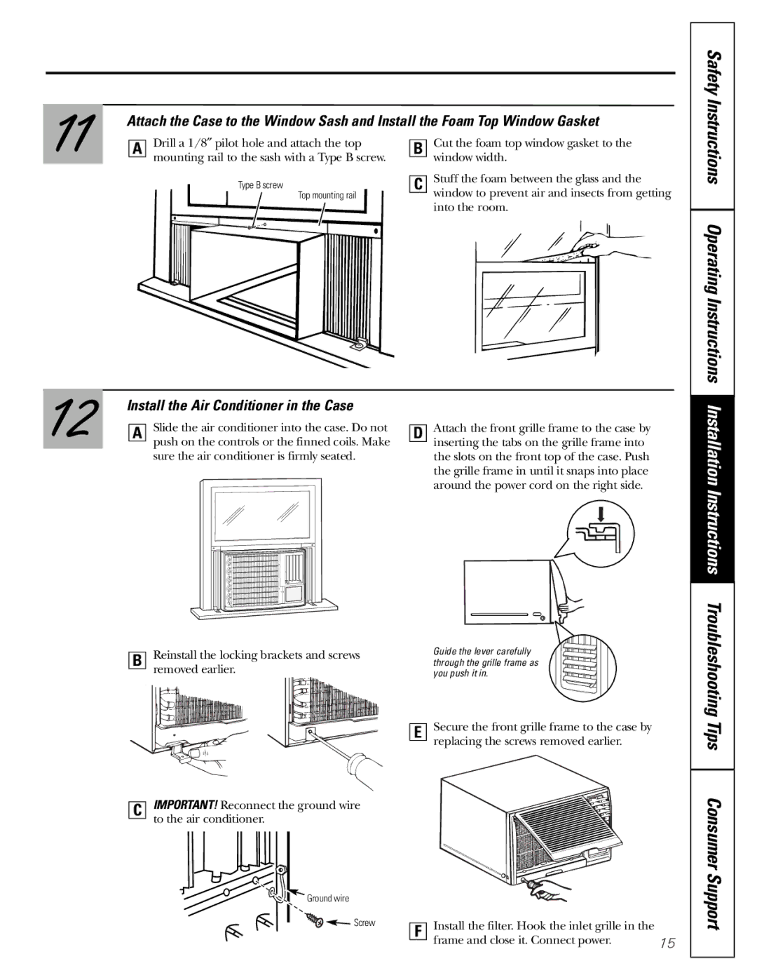 GE AKS05, AKV05 owner manual Safety Instructions Operating Instructions, Install the Air Conditioner in the Case 