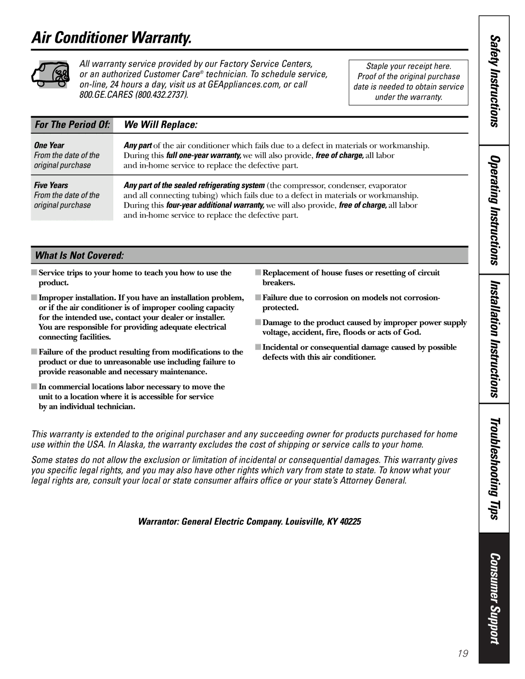 GE AKS05, AKV05 owner manual Air Conditioner Warranty, We Will Replace, What Is Not Covered, For The Period, One Year 