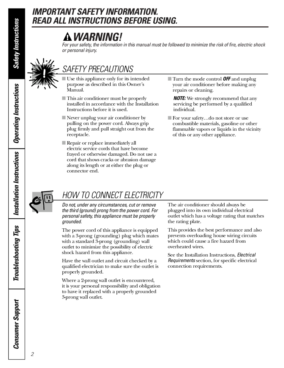 GE AKV05, AKS05 owner manual Instructions Operating Instructions, Consumer Support Troubleshooting Tips Installation 