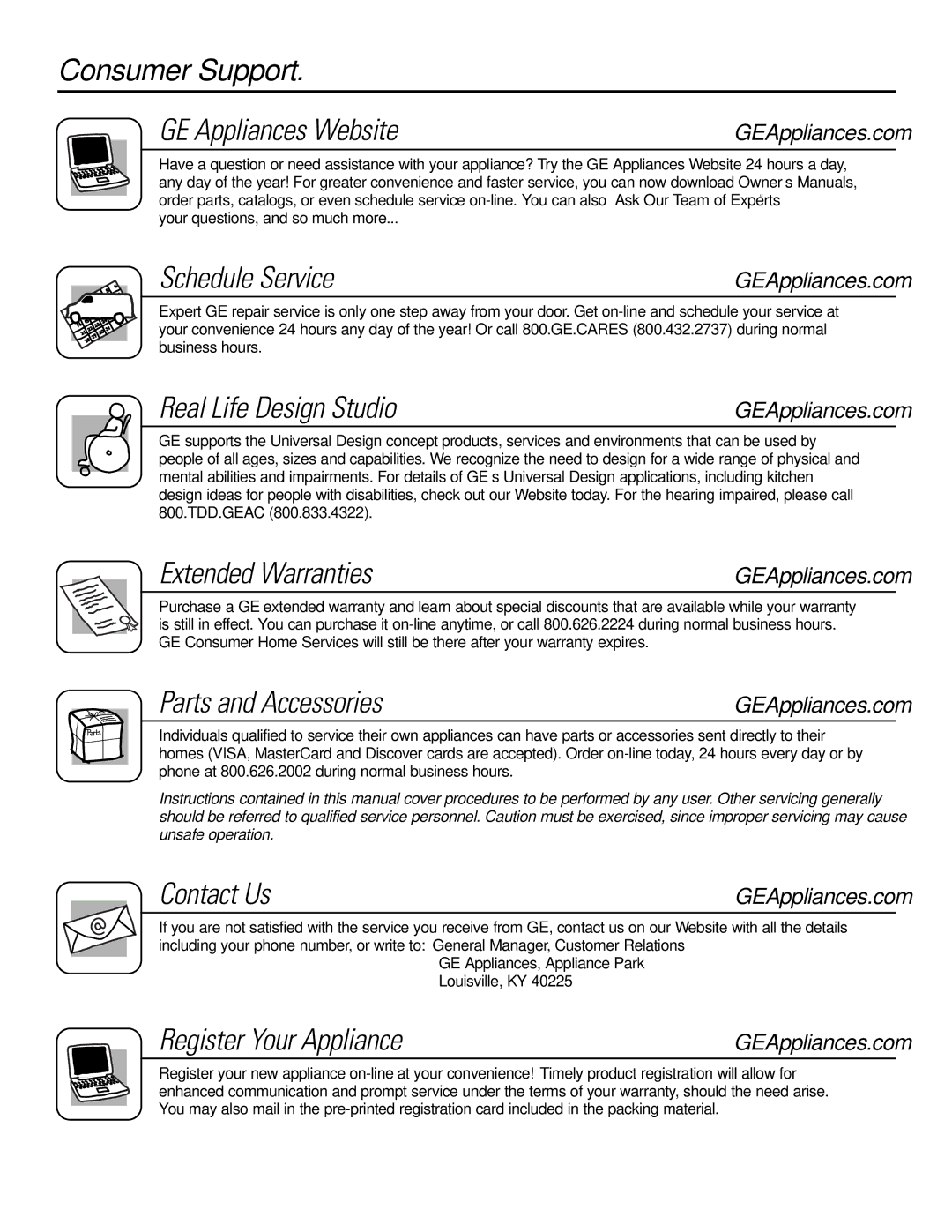 GE AKV05, AKS05 Consumer Support GE Appliances Website, Schedule Service, Real Life Design Studio, Extended Warranties 