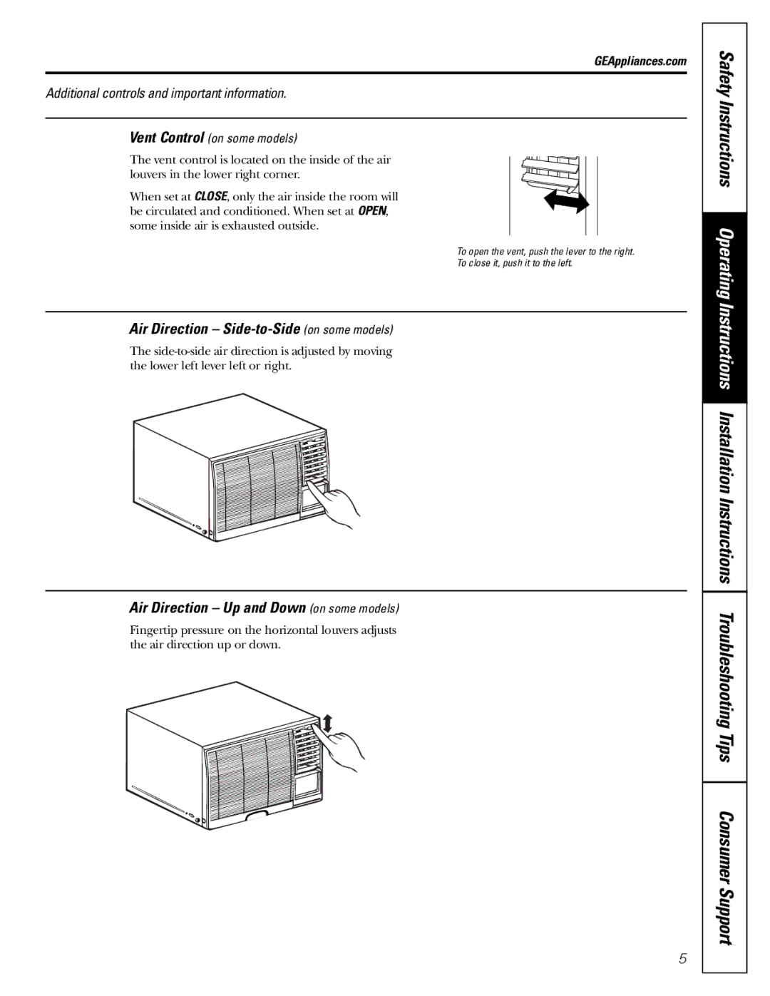 GE AKS05, AKV05 owner manual Air Direction Side-to-Side on some models, Air Direction Up and Down on some models 
