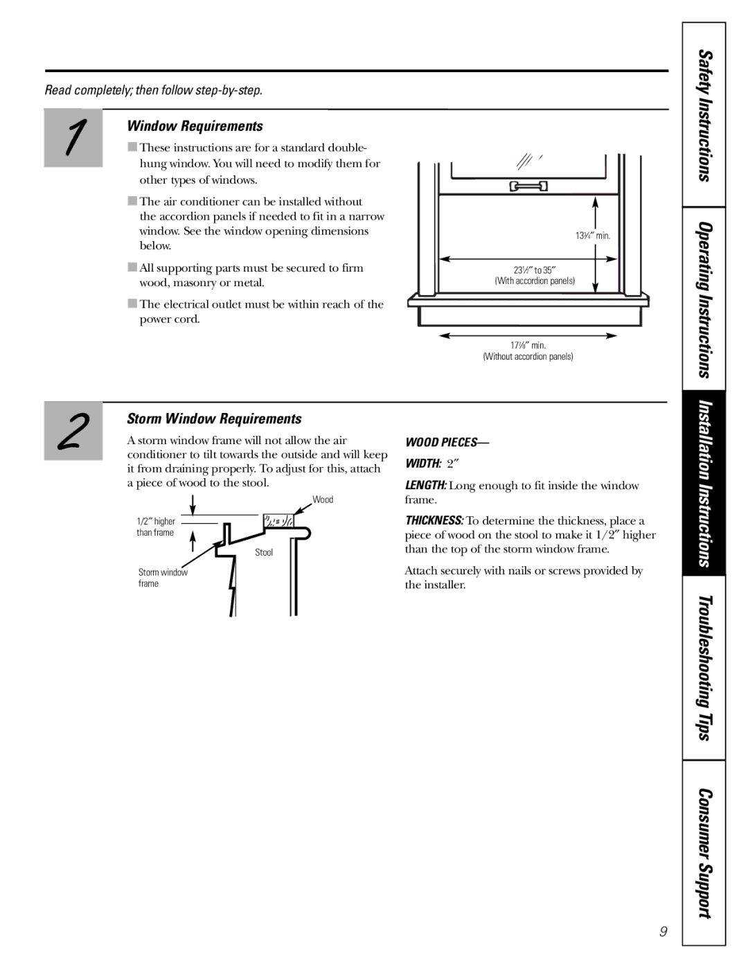 GE AKS05, AKV05 owner manual Safety Instructions Operating Instructions, Storm Window Requirements 