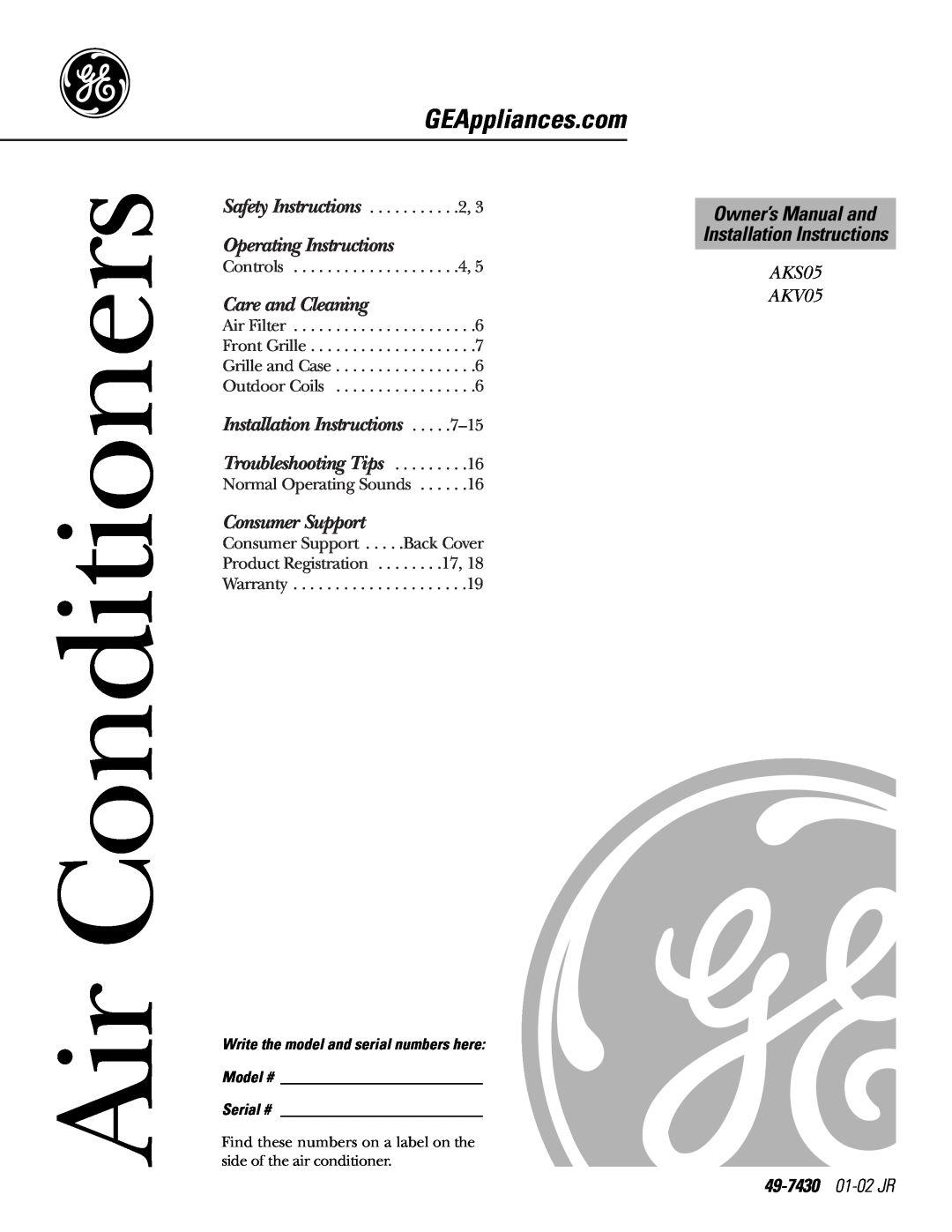 GE AKS05 owner manual 49-7430 01-02JR, Air Conditioners, Operating Instructions, Care and Cleaning, Troubleshooting Tips 