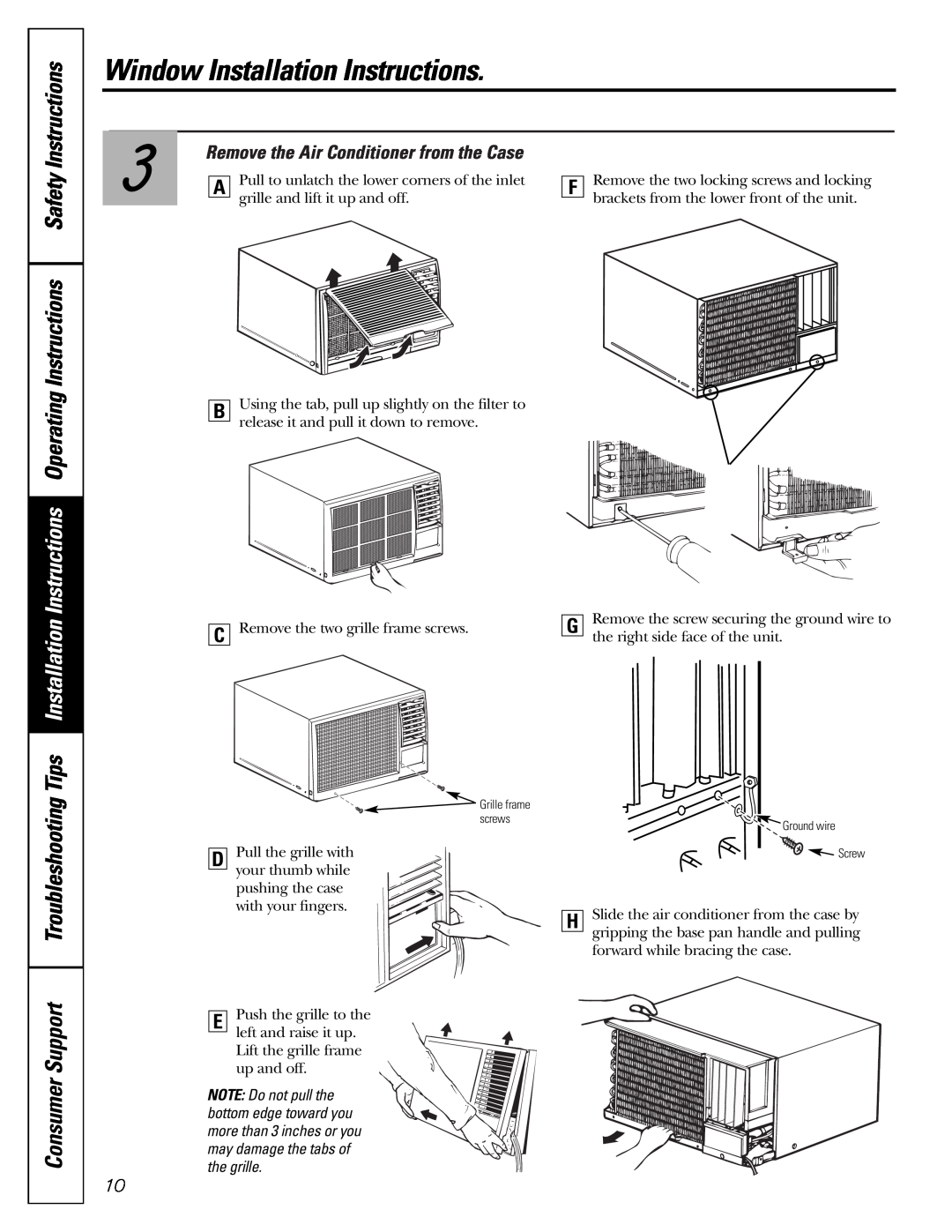 GE AKV05 Instructions Safety Instructions, Consumer Support Troubleshooting, Remove the Air Conditioner from the Case 