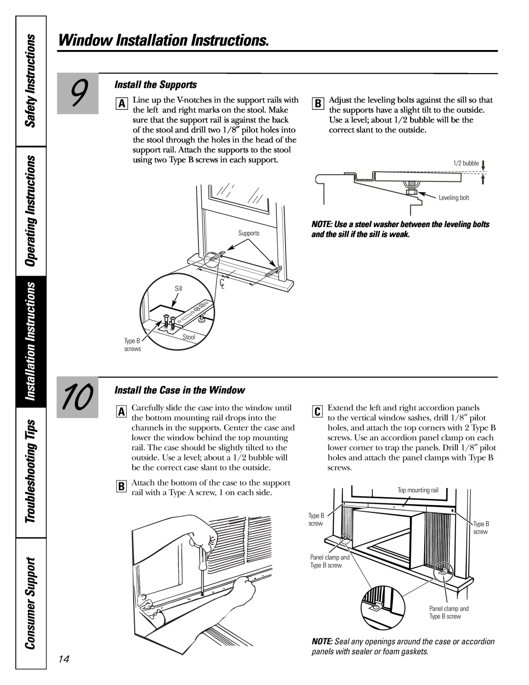 GE AKV05, AKS05 Operating Instructions Safety, Support Troubleshooting Tips Installation, Consumer, Install the Supports 