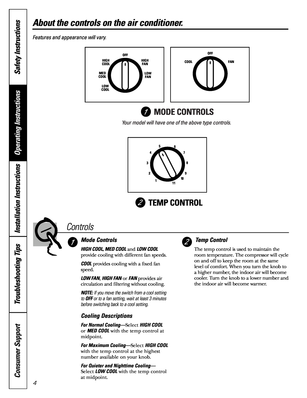 GE AKV05 About the controls on the air conditioner, Consumer Support Troubleshooting Tips, Mode Controls, Temp Control 