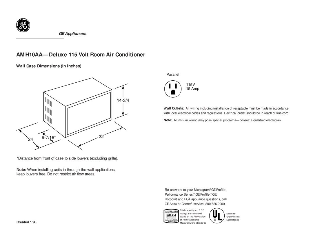 GE dimensions AMH10AA-Deluxe 115 Volt Room Air Conditioner, Wall Case Dimensions in inches, 14-3/4, Created 1/98 