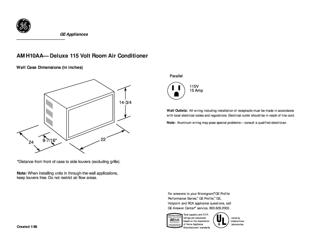GE dimensions AMH10AA-Deluxe115 Volt Room Air Conditioner, GE Appliances, Created 1/98, Wall Case Dimensions in inches 