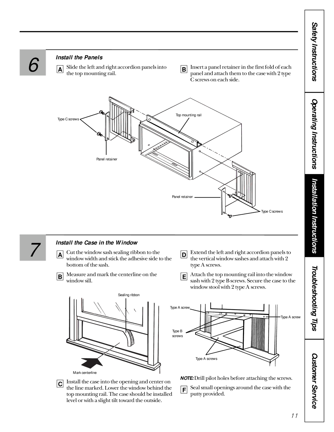 GE AMH10, AMH12 owner manual Install the Panels, Install the Case in the Window 