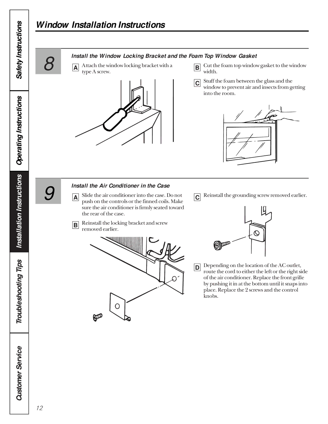 GE AMH12, AMH10 owner manual Installation Instructions, Install the Air Conditioner in the Case 