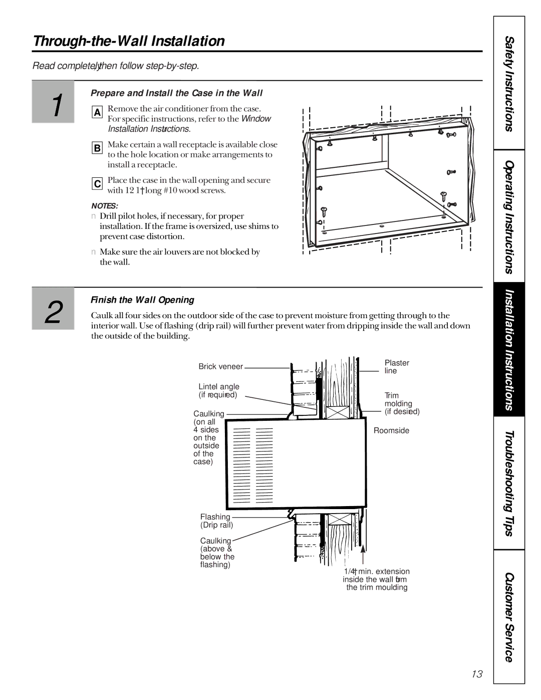 GE AMH10, AMH12 Through-the-Wall Installation, Prepare and Install the Case in the Wall, Finish the Wall Opening 