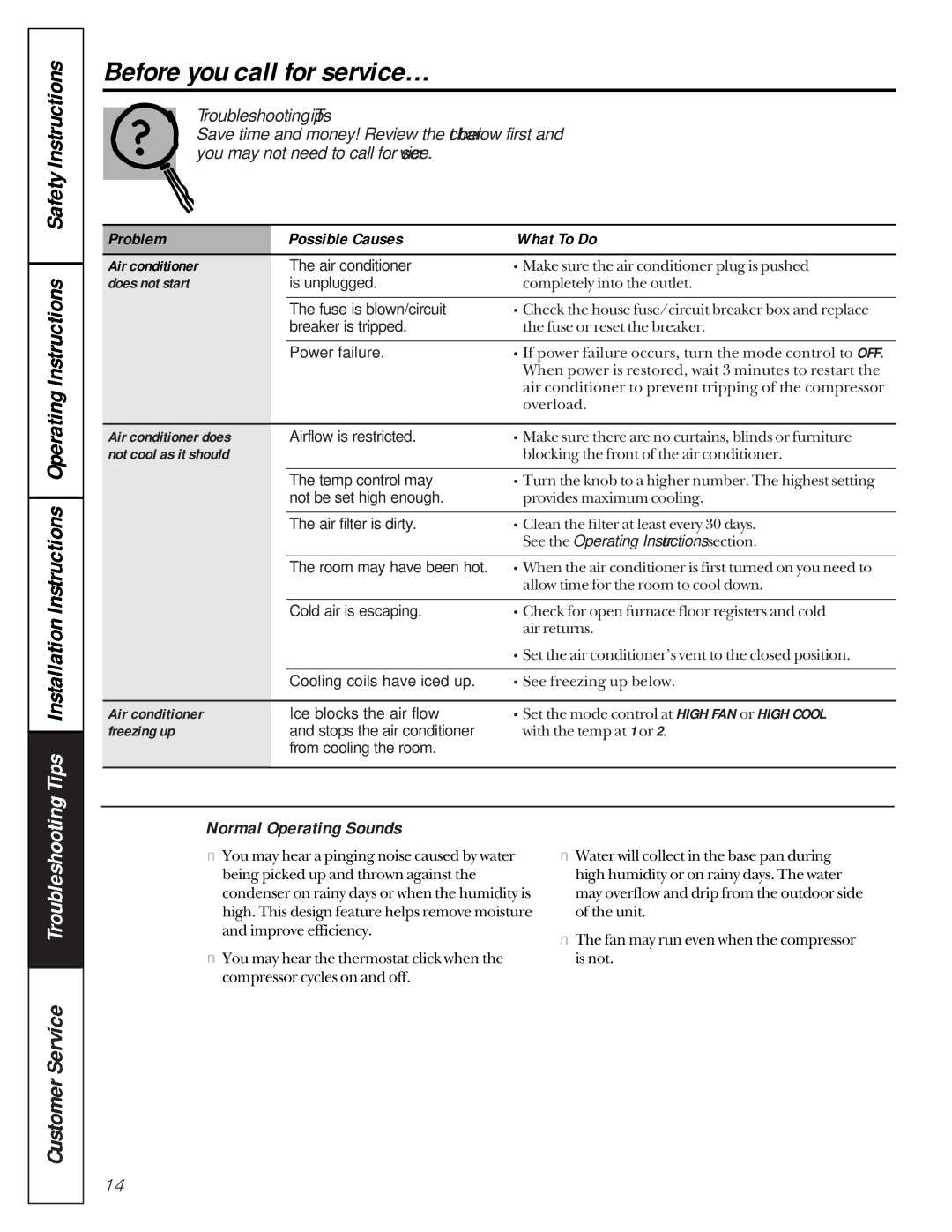 GE AMH12, AMH10 owner manual Before you call for service…, Normal Operating Sounds 