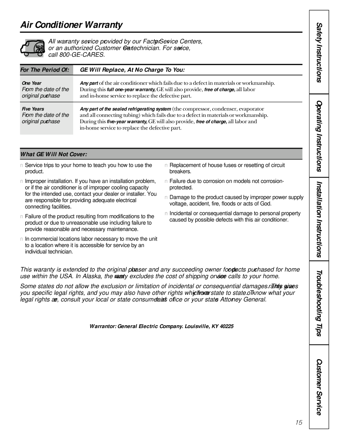 GE AMH10, AMH12 owner manual Air Conditioner Warranty, GE Will Replace, At No Charge To You, What GE Will Not Cover 