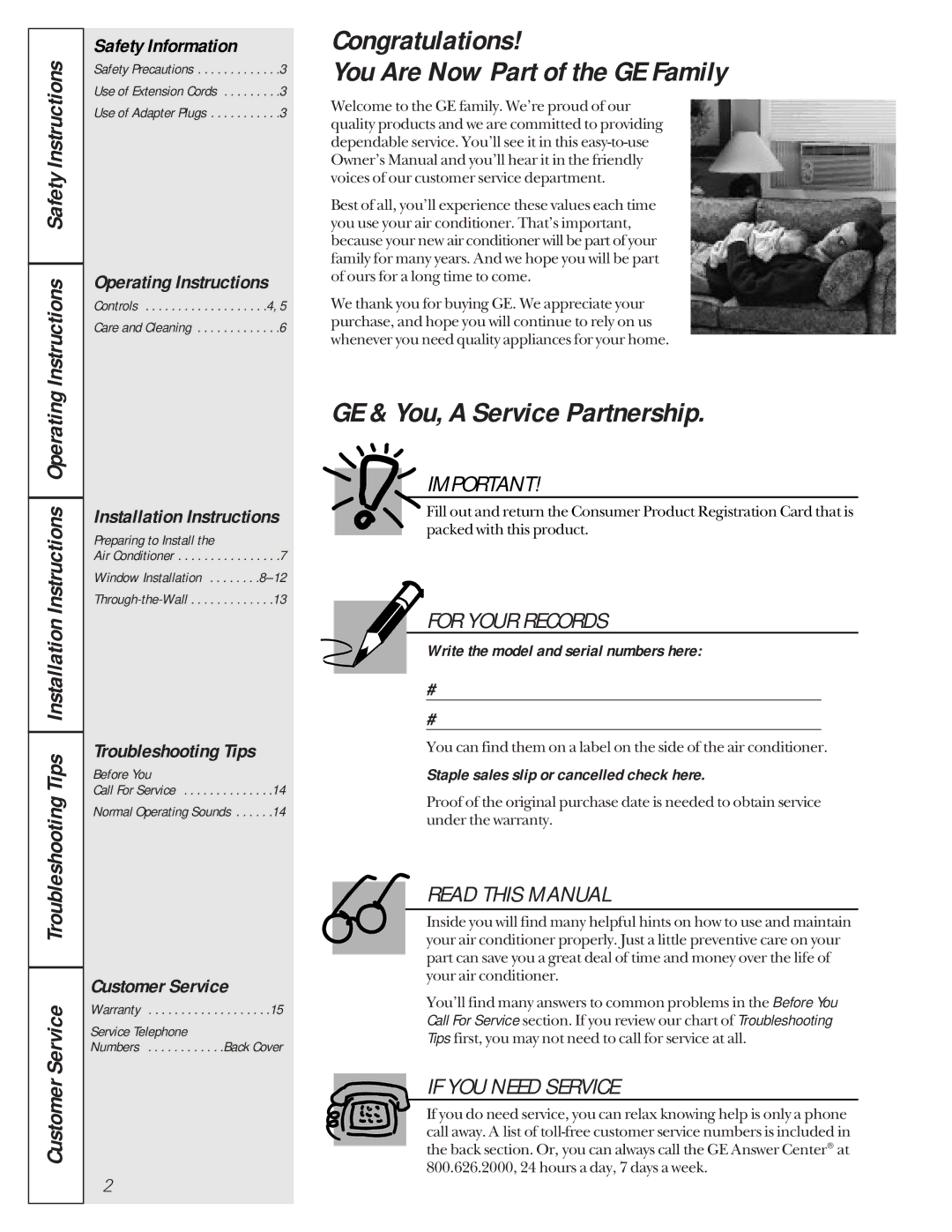 GE AMH12, AMH10 owner manual Congratulations You Are Now Part of the GE Family, GE & You, a Service Partnership 