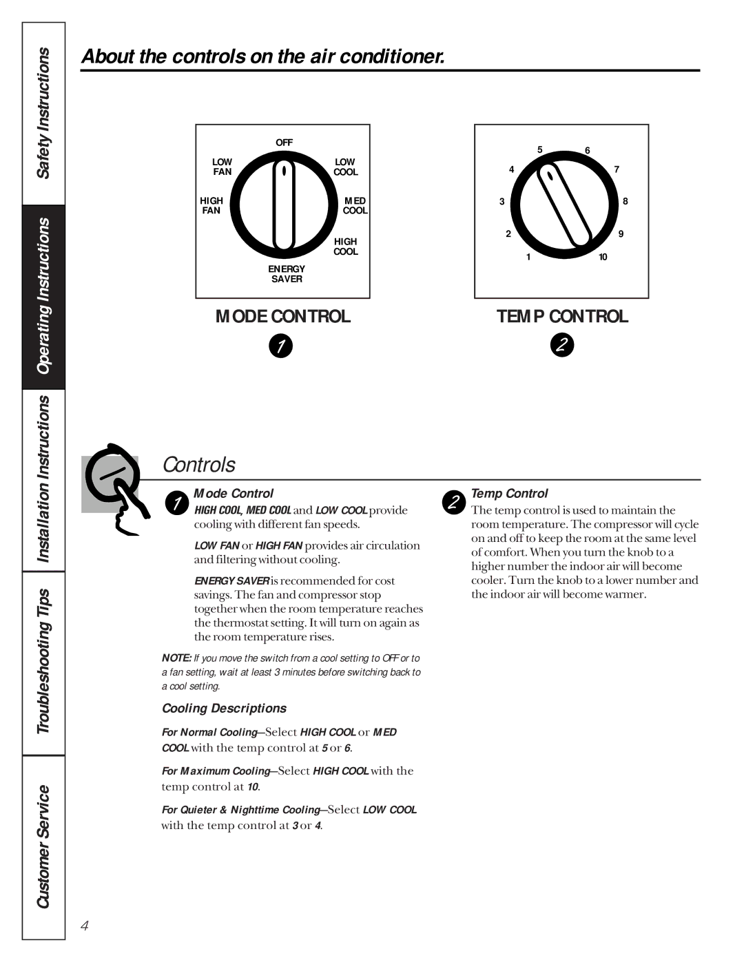 GE AMH12, AMH10 owner manual About the controls on the air conditioner, Mode Control, Cooling Descriptions, Temp Control 