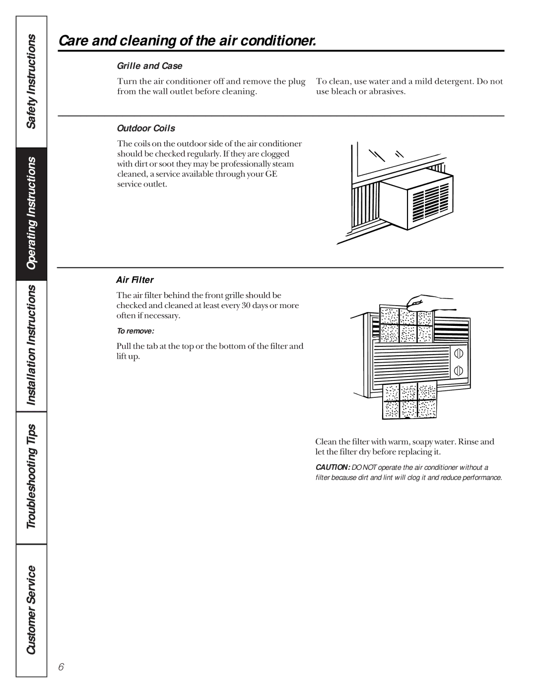 GE AMH12, AMH10 owner manual Care and cleaning of the air conditioner, Grille and Case, Outdoor Coils, Air Filter 