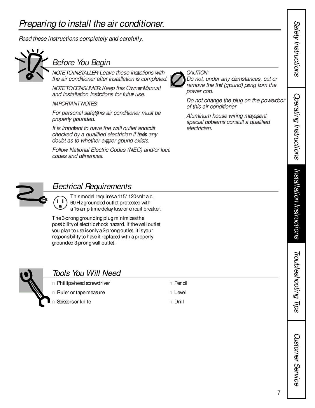 GE AMH10, AMH12 owner manual Preparing to install the air conditioner, Read these instructions completely and carefully 