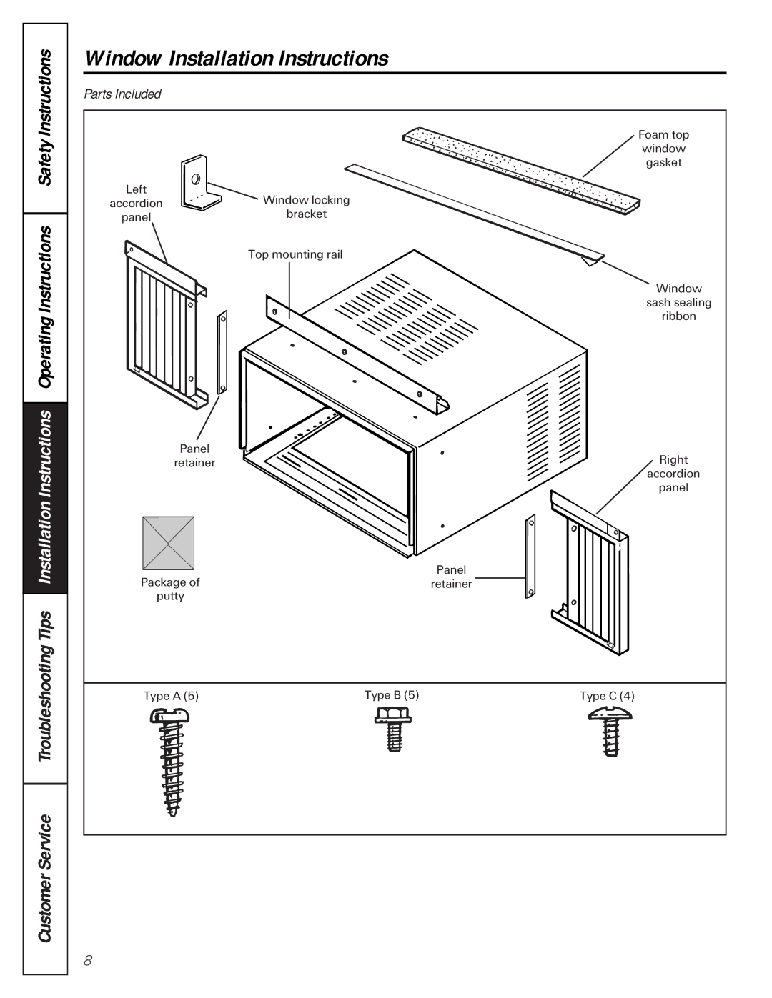 GE AMH12, AMH10 owner manual Window Installation Instructions, Parts Included 