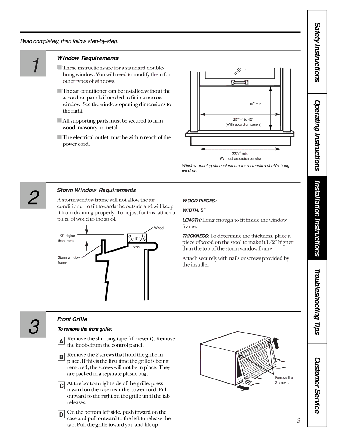 GE AMH10, AMH12 owner manual Storm Window Requirements, Front Grille 