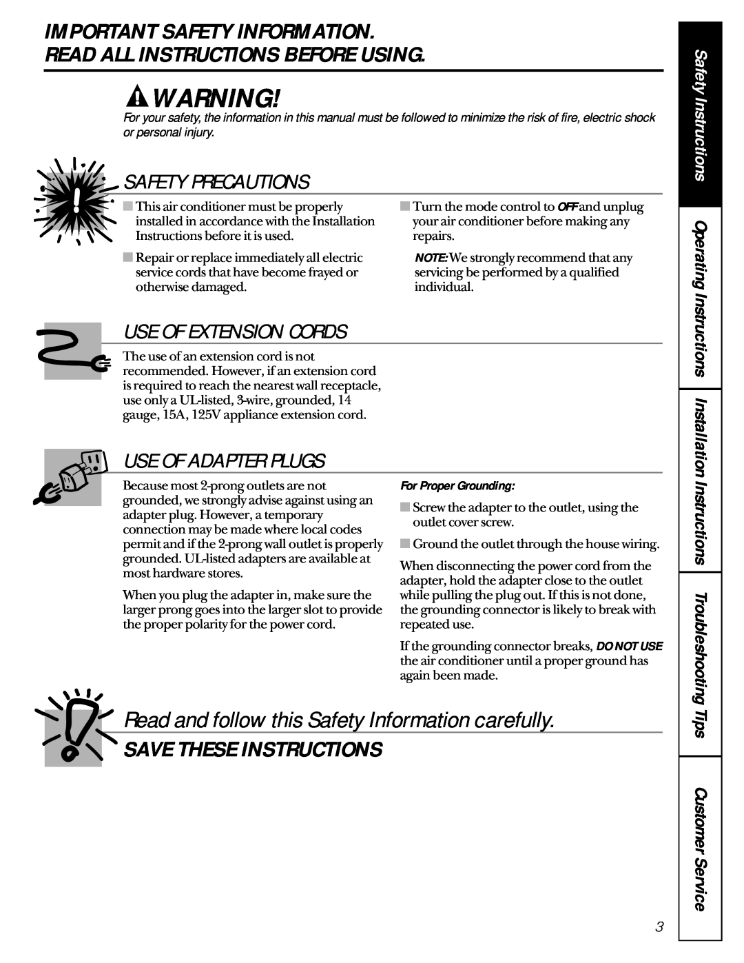 GE AMH10 Important Safety Information, Read All Instructions Before Using, Safety Precautions, Use Of Extension Cords 