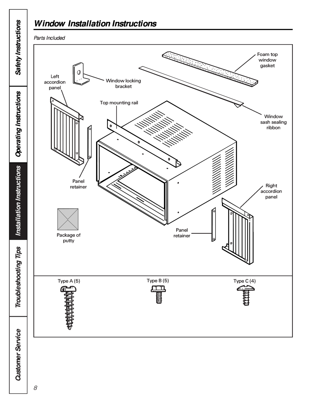 GE AMH12, AMH10 owner manual Window Installation Instructions, Parts Included, CustomerService 
