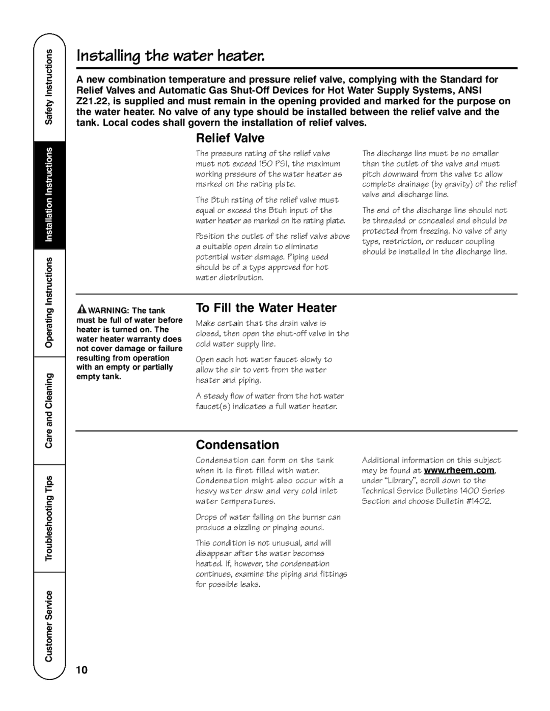 GE AP13787 installation instructions Relief Valve, To Fill the Water Heater, Condensation, Care and Cleaning Operating 