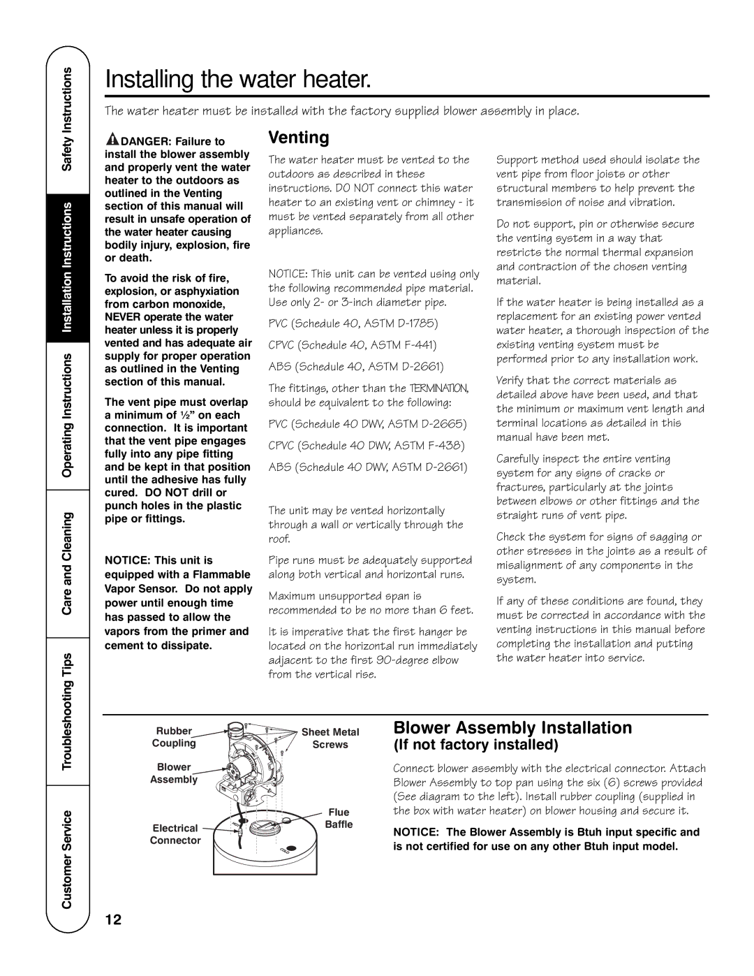 GE AP13787 Venting, Blower Assembly Installation, If not factory installed, Instructions, Customer Service Troubleshooting 